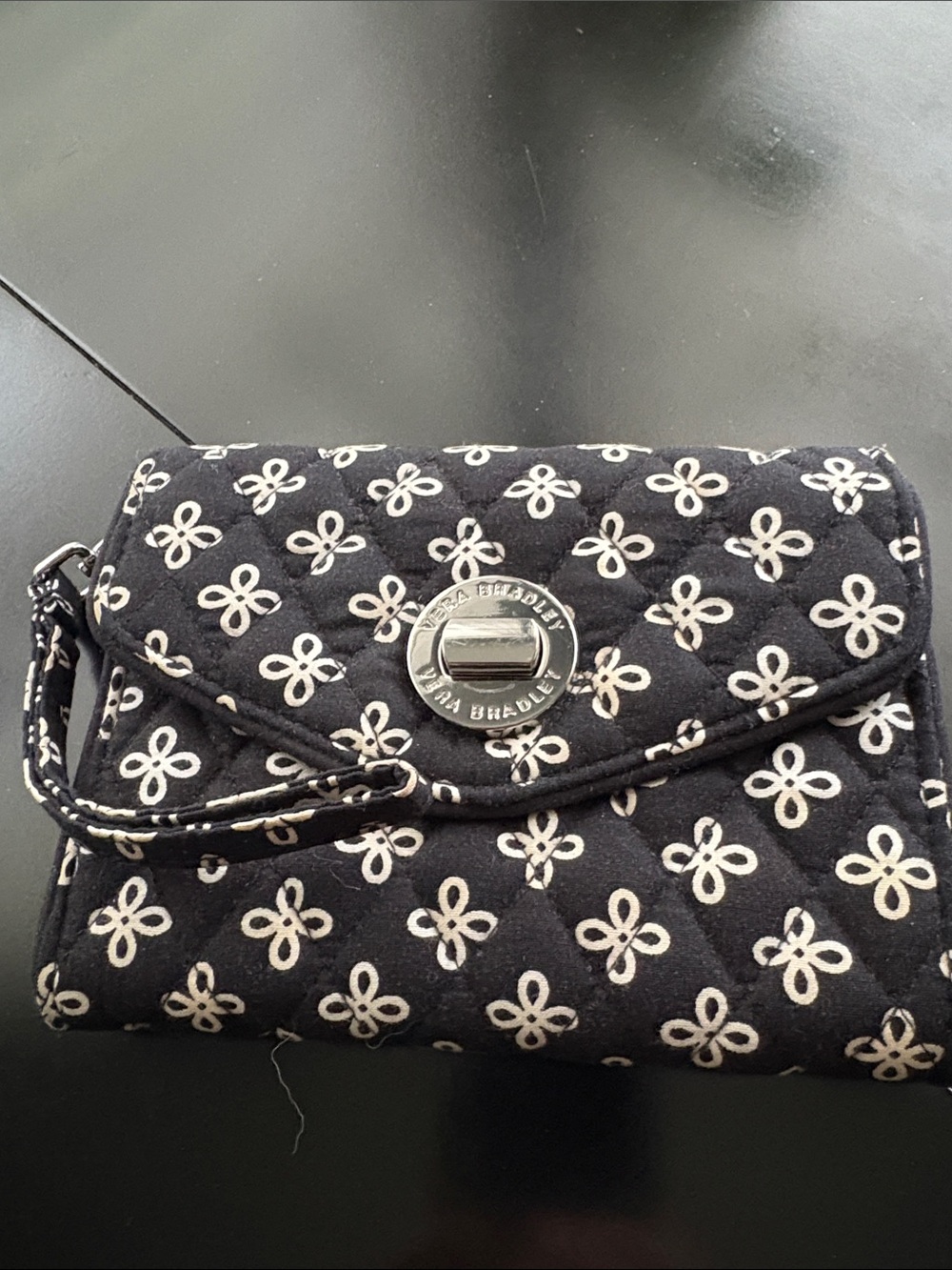 Vera Bradley Black Quilted Floral Turn-Lock Wristlet